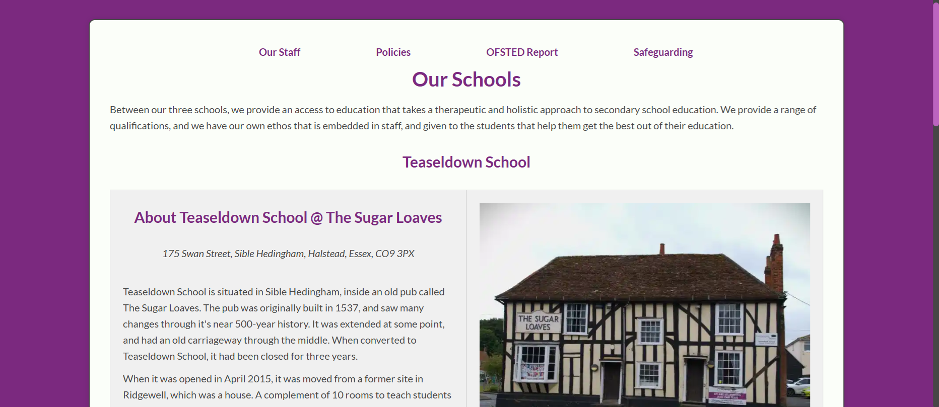 Exceptional Ideas schools page showing details of each school